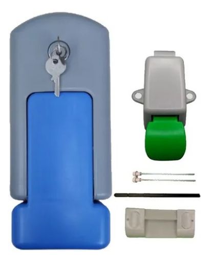 Imagem de FECHADURA COM CHAVE PARA PORTA FRIGORIFICA EM PALIACETAL CORPO CINZA E MACANETA AZUL
