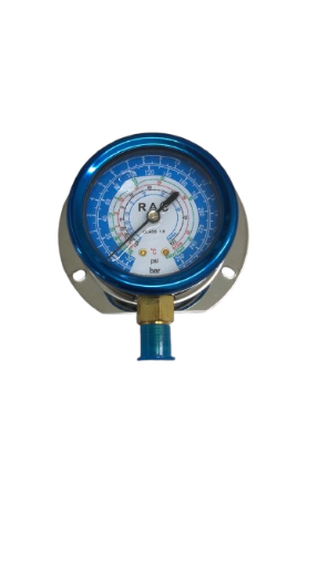 Imagem de MANOMETRO DE BAIXA DE SOBREPOR COM GLICERINA E TOMADA DE PRESSAO VERTICAL RAC R22/R134A/R404A/R407C (060-212)